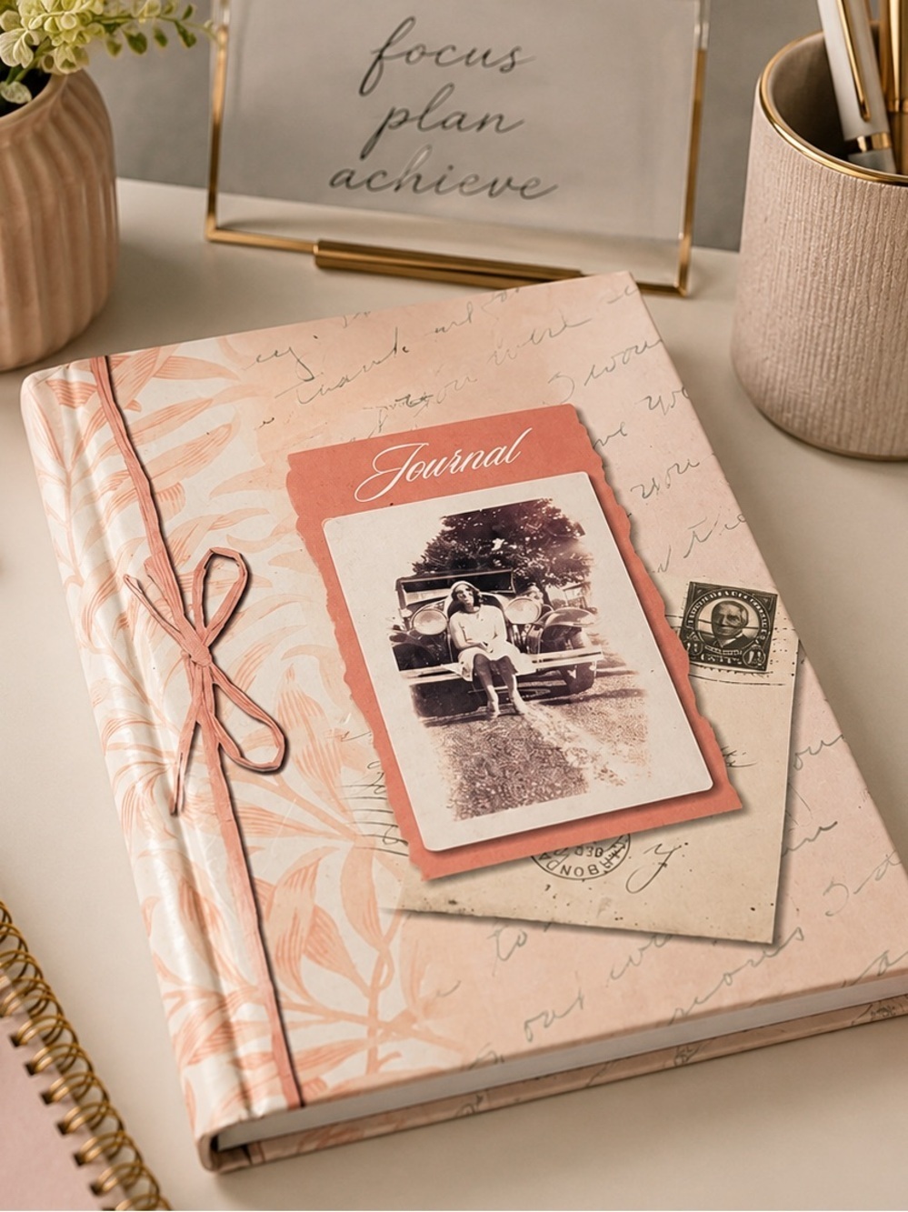 Elegant Vintage Style Pink Writing Journal Spiral Bound Photo Insert Notebook